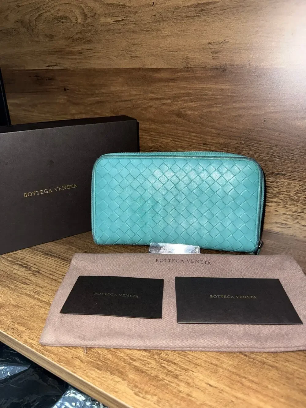 Bottega Veneta Intrecciato Zip-Around Wallet in Turquoise Leather with coa